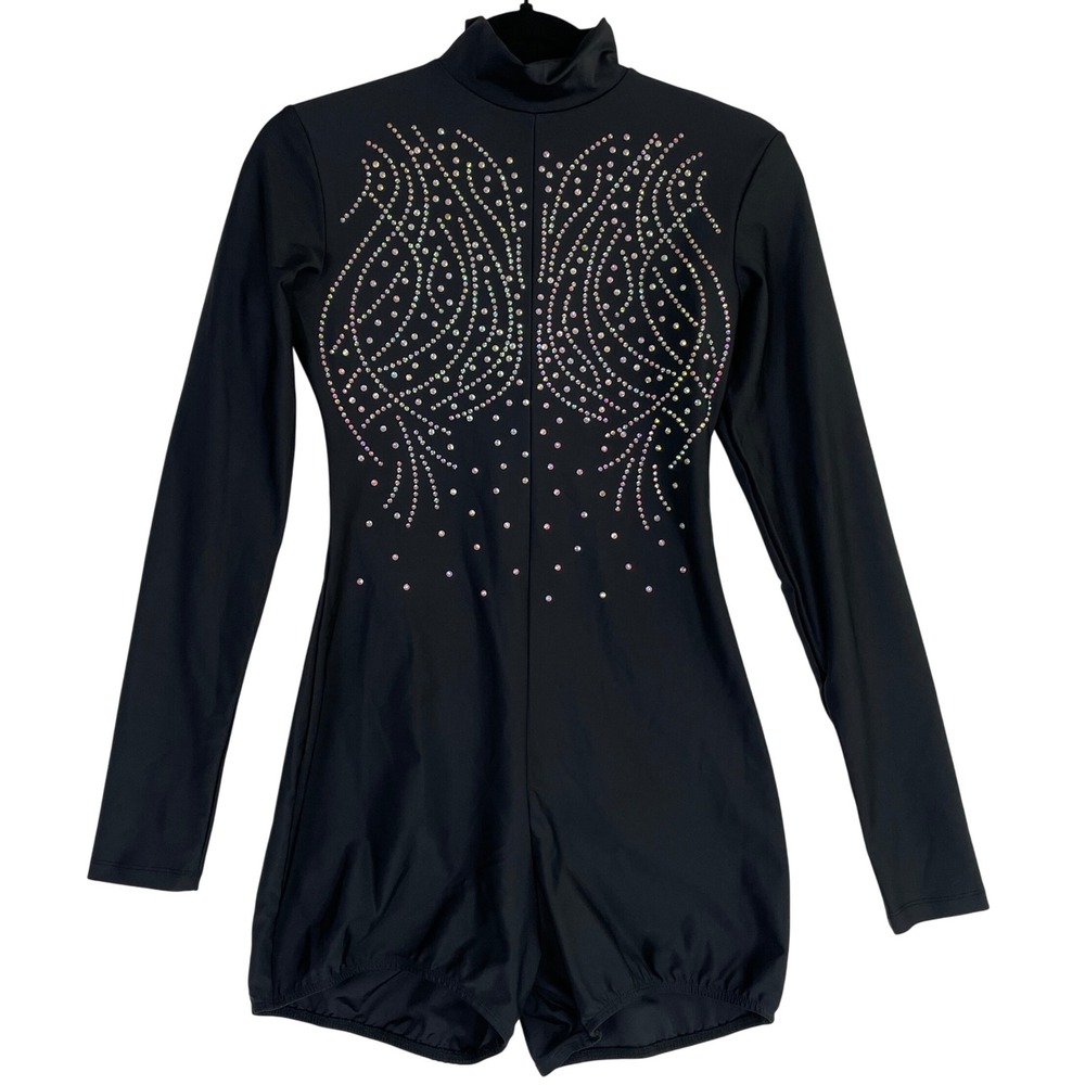 Alexandra Collection Leotard Women's Large Black Long Sleeve Romper Rhinestone